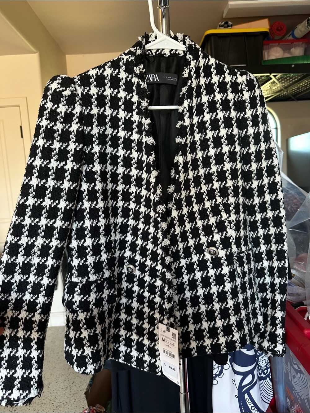 Zara Black & White Houndstooth Blazer Jacket